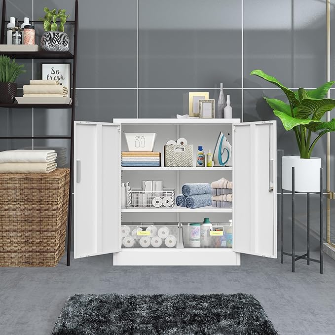 BESFUR Metal Storage Cabinets, Steel Locking Cabinet with 2 Shelves and Doors, White Garage Cabinet for Home Office, School, Garage, Utility Room, and Basement