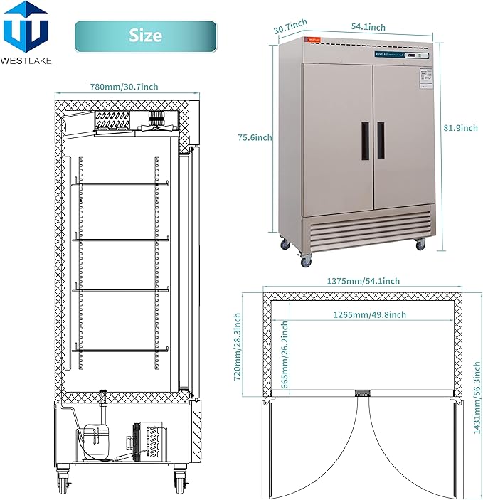 WESTLAKE 54"W Commercial Freezer 49 Cu.ft Stainless Steel Reach-in Solid Door Upright Fan Cooling 2 Door 2 Section Freezer for Restaurant, Bar, Shop, etc