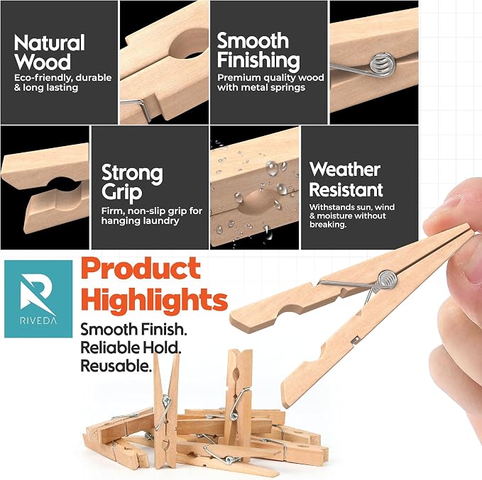 50pcs Wooden Clothes Pins with Storage Bag, 2.9 Inch Natural Wood Clothespins - Image 4