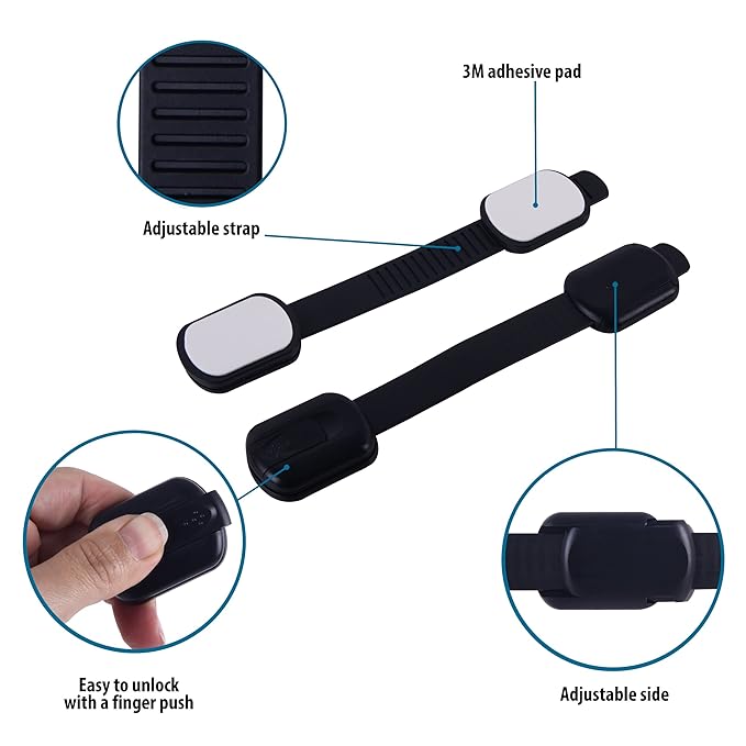 Child Safety Cabinet Locks (6 Pack) – Adjustable Baby Proofing Strap Latches with Strong 3M Adhesive – No Drill Childproof Locks for Drawers, Cabinets, Fridge, Door, Closet, Black