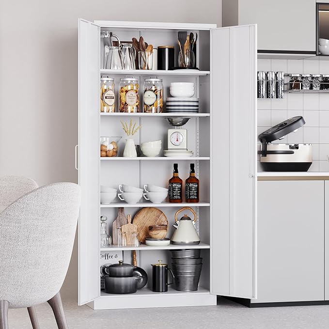 White Metal Storage Cabinet with 2 Doors and 6 Shelves,71" Tall Metal Cabinet with Lock,Lockable Garage Storage Cabinets,Locking File Cabinet,Steel Tool Cabinets for Home,Office,Garage,Shop
