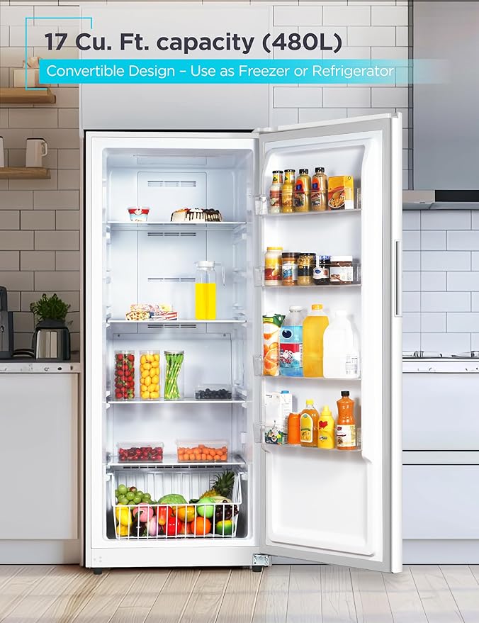 BLACK+DECKER 17 Cu. Ft. Convertible Freezer Refrigerator, Upright Freezer with Glass Shelves, ENERGY STAR rated, Frost Free, BUC1700XW, White