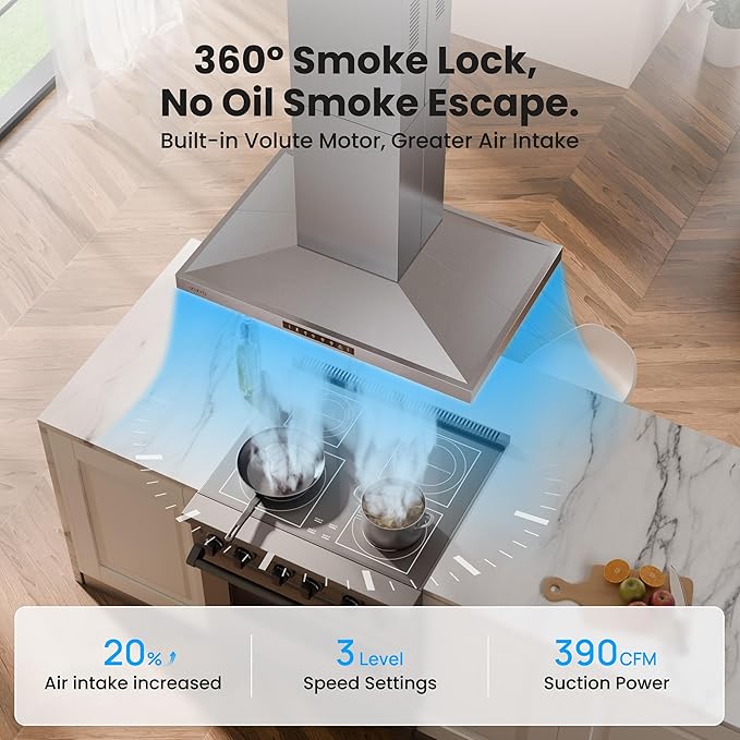 36In Island Range Hood, 390 CFM Stainless Steel Ducted Island Mount Range Hood, kitchen island vent hood with 3-Speed Fan, Touch/Gesture, 3 Stainless Steel Baffle Filters, Ceiling Mount