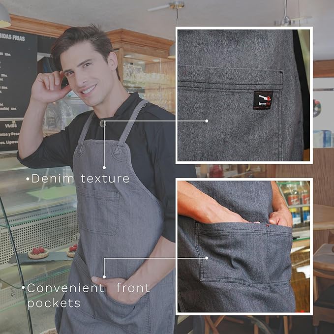| Oxford Denim Apron - Apron for Women and Men with metal eyes. Adjustable straps on the back and waist. For kitchen work, chef.