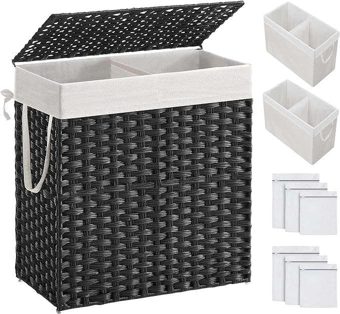 SONGMICS Laundry Hamper with Lid, 110L Double Wicker Basket, 6 Mesh Bags by Unknown