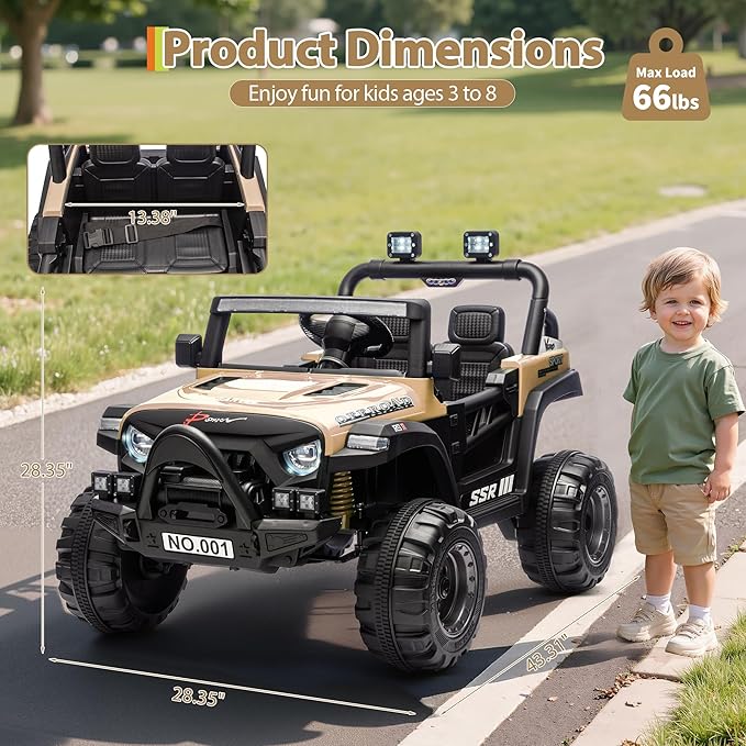 12V Kids Ride on Car, Electric Ride on Truck w/Parent Remote, Spring Suspension, Bluetooth Music, LED Light, 4.1Mph Max Speed, 3 Speeds, Battery Powered Vehicles for Kids Toddler Age 3-8, Khaki