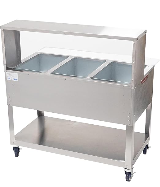 Kratos Commercial Electric Steam Table/Hot Food Table with Overshelf and Sneeze Guard, 3 Wells, Stainless Steel, Mobile, NSF, 120V (28W-202)