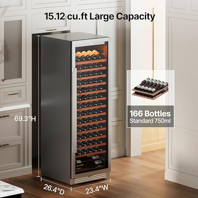 Ca'Lefort 24 Inch Wine Fridge - 166 Bottle Wine Cooler with Glass Door, 40-65°F Quiet Wine Refrigerator with Bottom Drawer 3 LED Light Built-in for Home/Bar/Kitchen Right-Hinged Door
