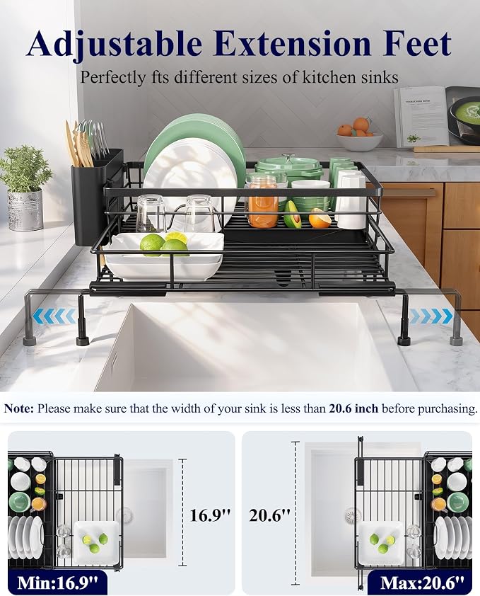 Kitsure Adjustable Dish Drying Rack, 15.6''-25.2''L × 16.9''W, Rust-Resistant - Image 3