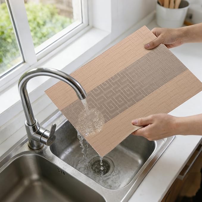 Timeet Placemats Set of 6, Heat Resistant Non-Slip Place Mats for Dining Table, Durable Washable PVC Vinyl Woven Table Mats, Resistant Kitchen Placemats Easy to Clean(Beige & Gray