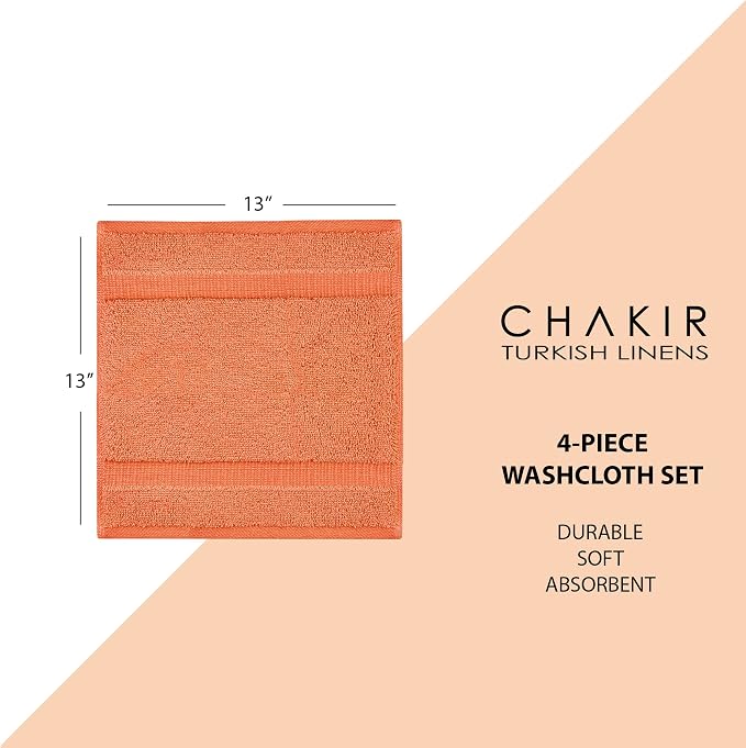 Chakir Turkish Linens 100% Cotton 4-Pack Washcloths 13x13, Coral | Premium - Image 6