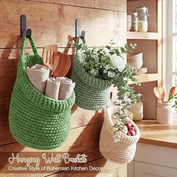 Honeydak 3 Hanging Baskets, Sage Color Palette, Cotton Rope - Image 6