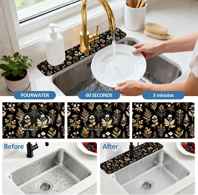 2 Pcs Kitchen Sink Splash Guard Faucet Mat Vintage Gold Leaves Faucet Mat - Image 5