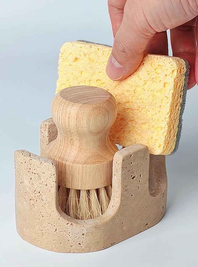 2 in 1 Travertine Sponge Holder, 2 Slot Natural Stone Sink Organizer by BekPooQ