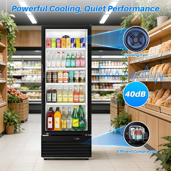 Commercial Beverage Refrigerator, 24.5" Glass Door Display Fridge, 15 Cu.Ft Freestanding Beverage Cooler with 4 Adjustable Shelves, Auto Rebound Door, Low Noise, for Shops, Restaurants & Bars, Black