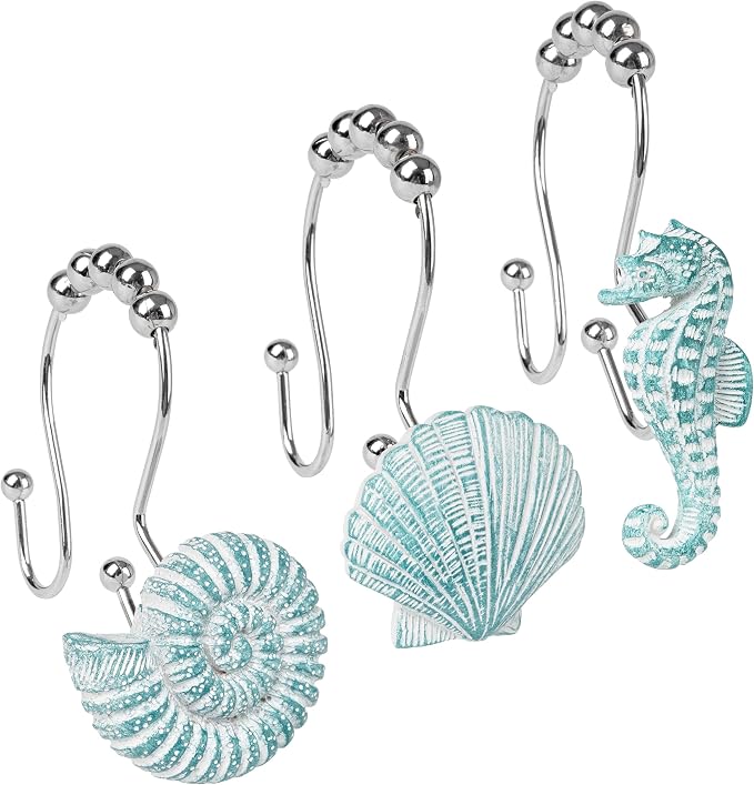 Sunlit Seashells Decorative Double Shower Curtain Hooks, Aqua Blue Ocean by Sunlit