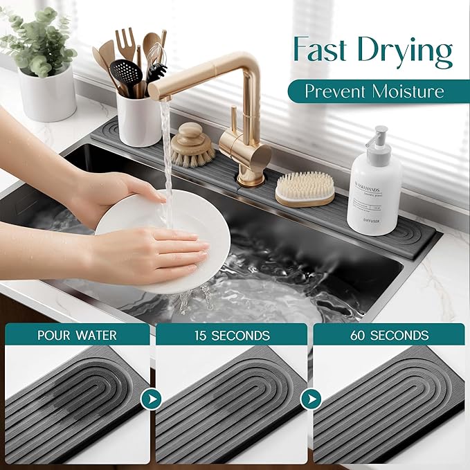 30 inch Kitchen Faucet Absorbent Mat - Diatomaceous Earth Splash Guard for Sink Faucet, Aesthetic Water Absorbing Stone Tray in The Modern Home (30" x 3.9", Dark grey)