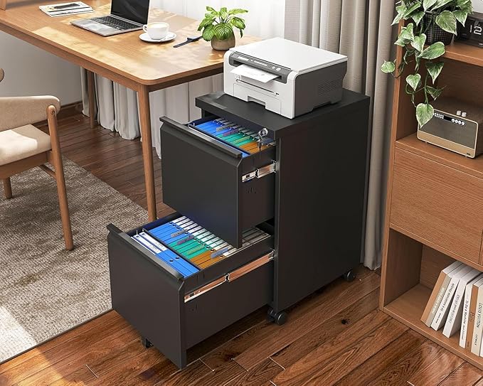 2 Drawer File Cabinet, Fully Assembled Locking Full Steel Filing Cabinet, 150LBS Capacity, Quiet Slides, Anti-Tipping Wheels, Fits A4/Letter/Legal, for Home Office, Matte Black