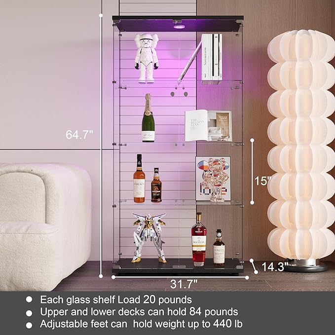 Yoluckea 4 Shelves Glass Display Cabinet with LED Light and 2 Doors,Floor Standing Clear Glass Curio Collection Display Cabinet for Living Room Bedroom 64.7” x 31.7” x 14.3” Black