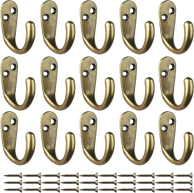 IBosins 15PCS Coat Hooks Wall Mounted Antique Brass Single Prong Robe Hook | - Image 2