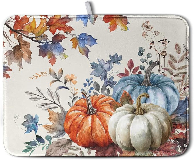 Fall Blue Orange Pumpkin Dish Drying Mat by Kwlegh