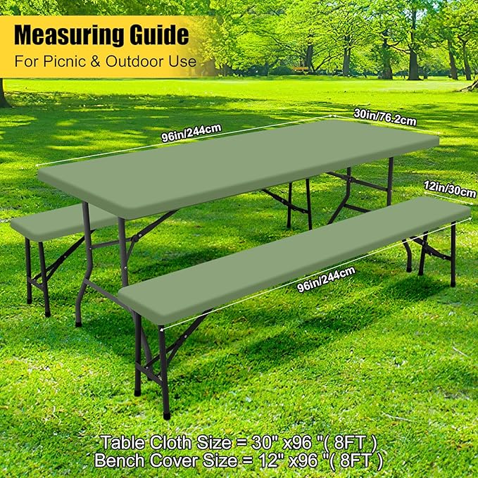 Smiry Picnic Table Cover with Bench Covers, Waterproof Elastic Fitted Polyester Tablecloths for 8 Ft Rectangle Tables, Washable Windproof Tablecloth for Outdoor, Camping (Sage Green, 30x96 Inches)