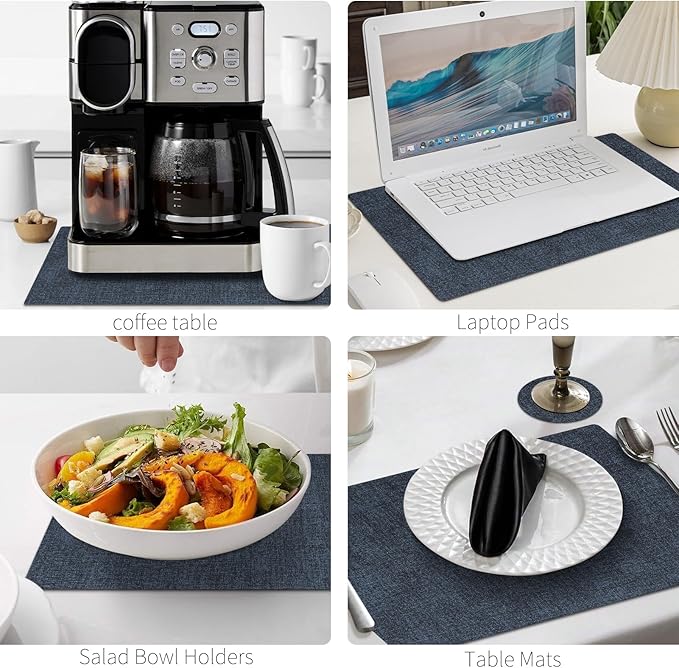 MOSAYT Faux Leather Placemats Set of 6, Heat Resistant Wipeable Washable Vinyl Place Mats with Coasters, Waterproof Oil Proof Table Mats for Kitchen Dining Party Outdoor, 12" x 17", Navy Blue