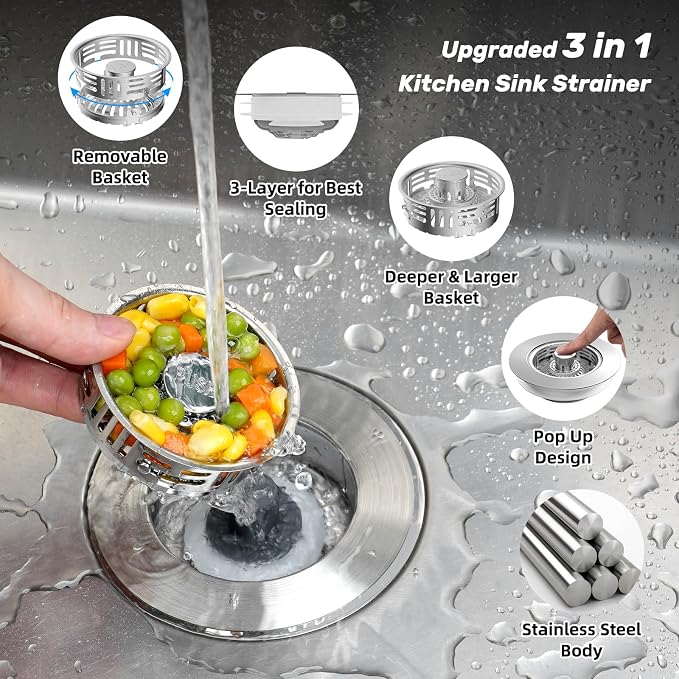 Hibbent 2 PCS Metal Kitchen Sink Drain Strainer & Stopper, Stainless Steel - Image 2