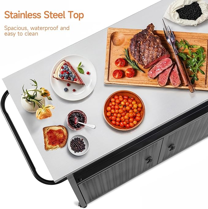 Outdoor Grill Cart with Storage, Outdoor Bar Cart with Wheels, Kitchen Island Cart with Stainless Steel Top for BBQ, Patio, Backyard