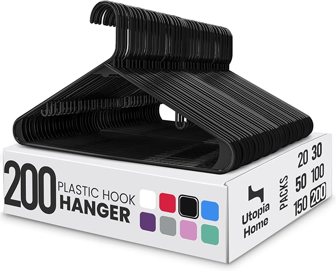 Utopia Home Plastic Hangers 200 Pack – Built-in Strap Hooks Black | Space by UTOPIAHOME