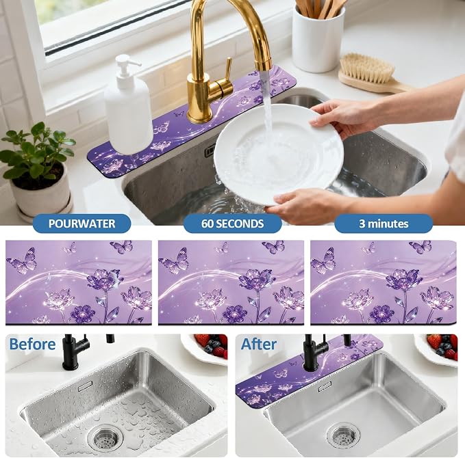 2 Pcs Kitchen Sink Splash Guard Faucet Mat Purple Dream Butterfly Pattern - Image 5