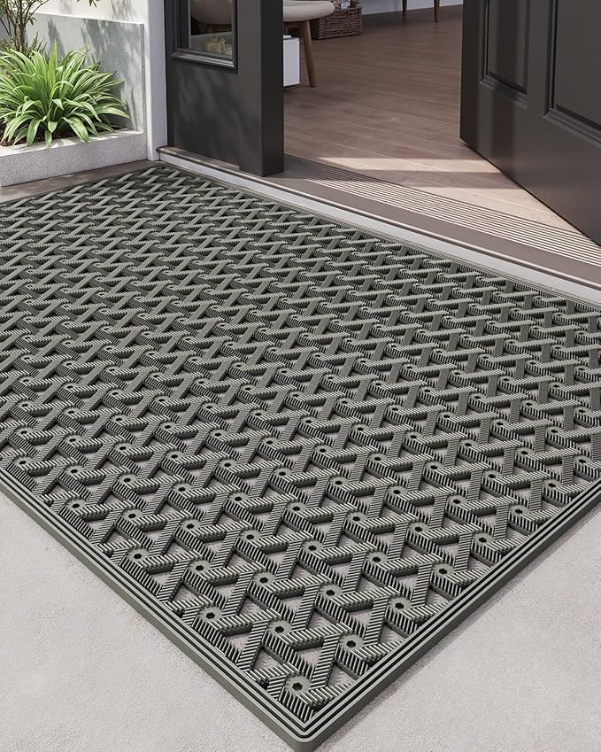 DEXI Front Door Mat Outside Entrance Rubber 32x48, Welcome Floor Doormat Heavy Duty Non Slip, Dirt Trapper Waterproof Exterior Entry Mats All Weather for Patio Entryway Drainage, Grey