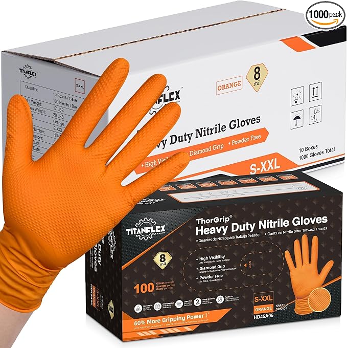 TitanFlex Heavy Duty Industrial Orange Nitrile Gloves, Gloves Disposable Latex by TitanFlexDisposableGloves