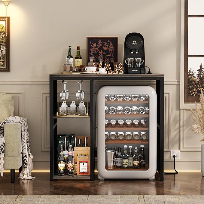 Homieasy Mini Fridge Cabinet Stand with Power Outlet, Coffee Bar Cabinet with Mini Fridge Space, Bar Stand with Microwave Shelf with Wine Rack for Kitchen, Dorm, Grey