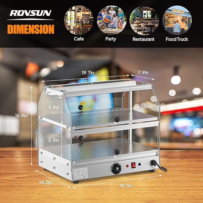 Bonnlo Commercial Food Warmer Display Pizza Warmer, 2-Tier Electric Countertop Food Warmer with LED Acrylic Door Removable Shelves Temp Control, Food Display Warmer for Buffet Restaurant, 120V 300W