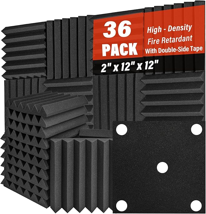 36 Pack Acoustic Foam Panels 2" x 12" x 12" Sound Proof Foam Panles Saiqiang Soundproofing Noise Absorbing Wedge Black Panels for Wall Studio Foams with Double-Side Adhesive