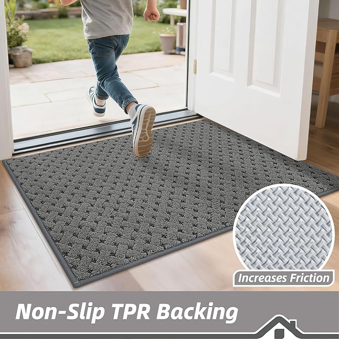 BEQHAUSE Dirt Trapper Door Mat Non-Slip Entryway Rugs Stain Resistant Absorbent Dog Doormats Woven-Look Washable Welcome Floor Doormat for Front Back Door, Muddy Wet Shoes & Paws, 24" x 36", Grey