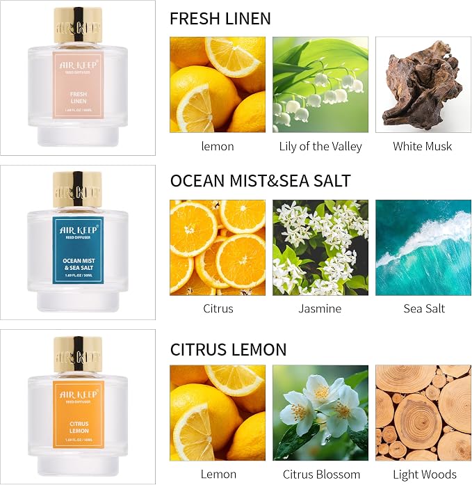 Reed Diffuser Set of 3, Fresh Linen Ocean Mist&Sea Salt Citrus Lemon Oil Reed - Image 3
