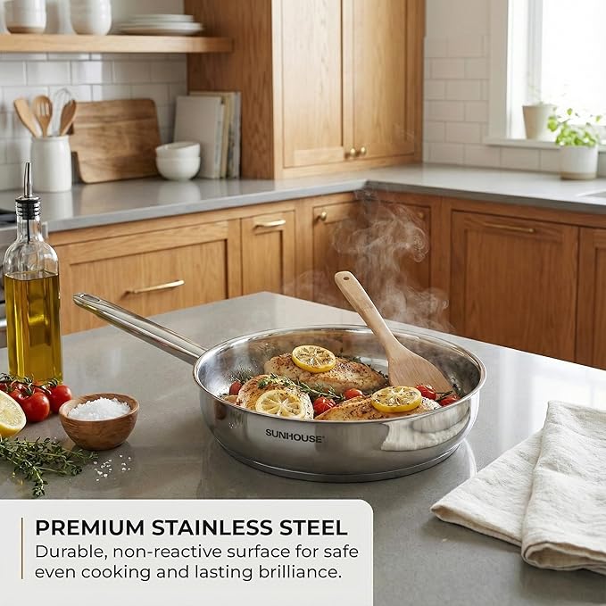 Sunhouse 10 Inch Tri-Ply Stainless Steel Frying Pan, Whole-Clad No Coatings Skillet with Stay-cool Handle for Cooking, Durable & Oven Safe to 500°F, Dishwasher Safe, Compatible with All Cooktops