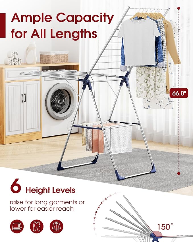 Sakugi Clothes Drying Rack, 69.5" Adjustable Wings, Foldable Design | Laundry - Image 2