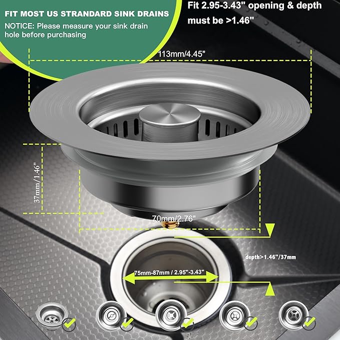 Kitchen Sink Drain Strainer 3 in 1, 304 Stainless Steel Pop Up Sink Stopper, Anti-Clogging Sink Stopper, Kitchen Drain Catcher, Sink Strainer for US Standard (Silver 2#)