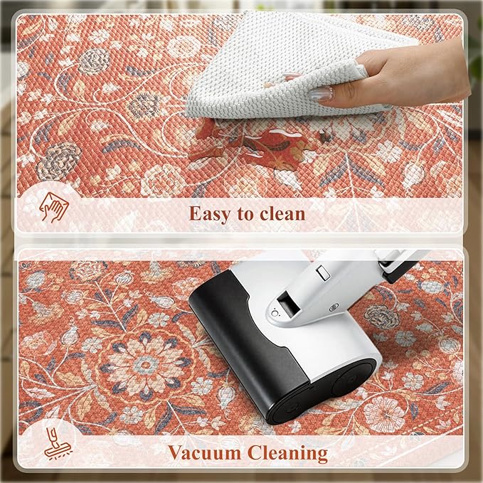 KIMODE Anti Fatigue Mat for Kitchen Floor Non Slip,Boho Vintage Floral Kitchen Rugs Sets of 2,Cushioned Memory Foam Waterproof Standing Carpet for Laundry Sink Home,Red