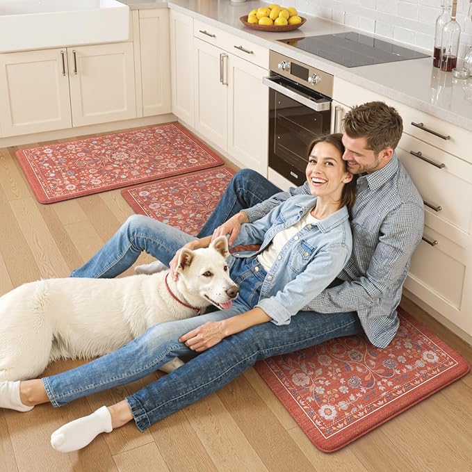 KIMODE Anti Fatigue Mat for Kitchen Floor Non Slip,Boho Vintage Floral Kitchen Rugs Sets of 2,Wide Cushioned Memory Foam Waterproof Standing Carpet for Laundry Sink Home,Red
