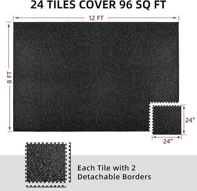 0.56in Thick 96 Sq Ft Exercise Equipment Mats, 24 Tiles Rubber Top EVA Foam Workout Mats, Interlocking Gym Flooring for Home Gym, 24 x 24in, Black & White
