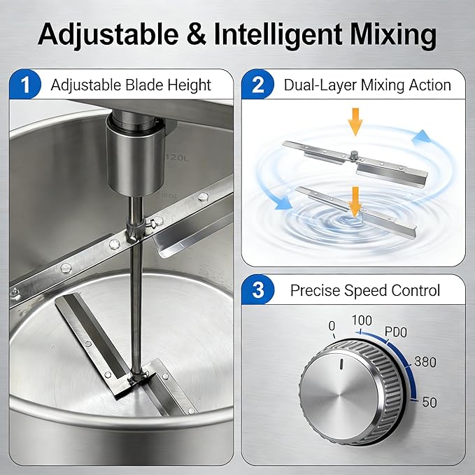 270L Commercial Mixing Kettle Electric Stirrer & Natural Gas Heating for Soup/Sauce/Stew/Porridge/Hot Pot Base Automatic Food Mixer 500W SUS304 Stainless Steel Adjustable Stirring 110V