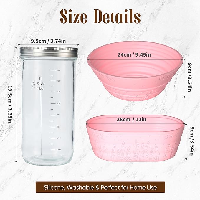 Sourdough Starter Kit with Jar – Complete Sourdough Bread Baking Supplies for Beginners, Includes 2 Silicone Proofing Baskets Baking Mat Sour Dough Kit - Pink