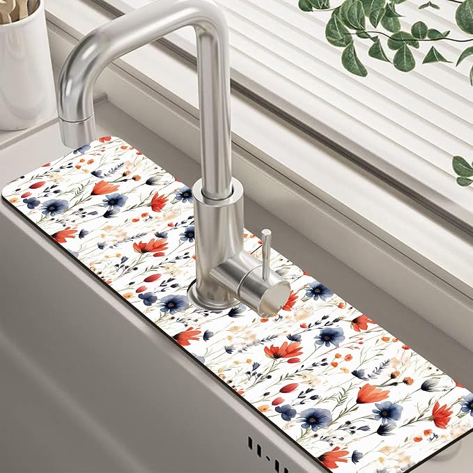 Watercolor Red and Blue Flowers Sink Faucet Absorbing Mat Sink Splash Guard by Unknown