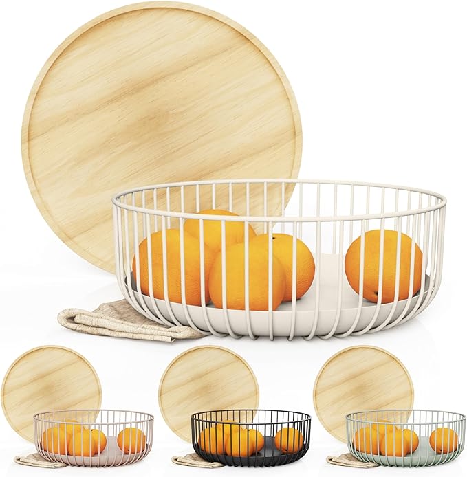 Fruit Basket for Kitchen - Multi-Purpose Stackable Basket with Wooden Lid - Powder Coated Metal and Rubber Wood - Wire Baskets for Organizing - Minimal Design - 4.5x11.4x11.4 - Warm Gray