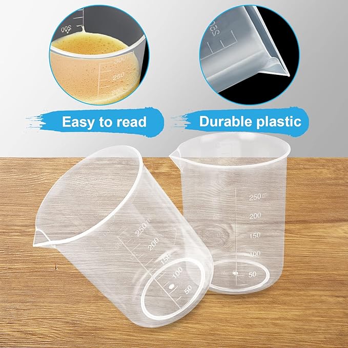 HNBun 30 Pack 250ml Plastic Graduated Beakers - Clear Mixing Cups with Dripless Spout & Embossed Scale for Epoxy Resin, Paint, Science Lab & Kitchen Use