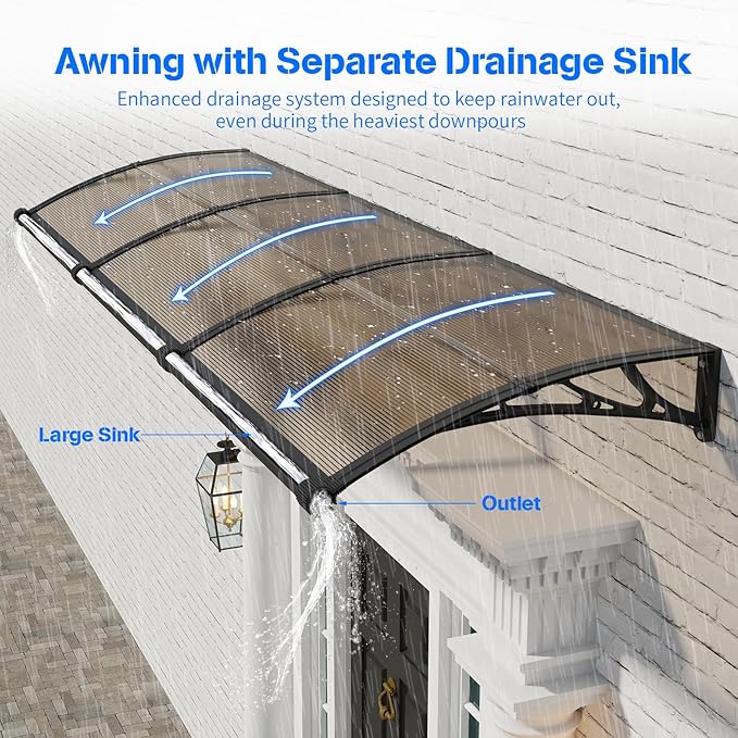 Awning for Door Entrance with Drainage Sink,40x120 Inch Awnings for Doors,Window Canopy Exterior with Plastic Steel Bracket,Polycarbonate Cover,UV,Rain,Snow Protection for House,Porch,Patio,Deck
